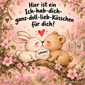 Ein kleiner Hase und ein Teddybär geben sich auf einem blühenden Ast unter rosa Kirschblüten ein Küsschen, darüber ein rotes Herz und ein liebevoller Gruß