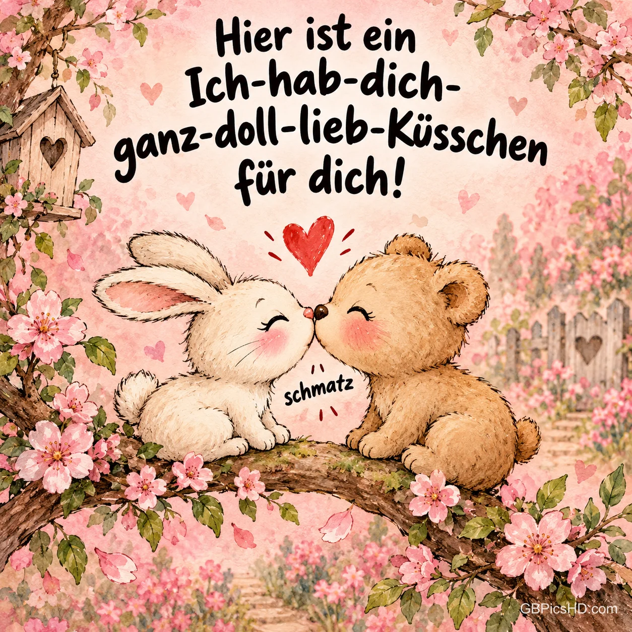 Ein kleiner Hase und ein Teddybär geben sich auf einem blühenden Ast unter rosa Kirschblüten ein Küsschen, darüber ein rotes Herz und ein liebevoller Gruß Ein kleiner Hase und ein Teddybär geben sich auf einem blühenden Ast unter rosa Kirschblüten ein Küsschen, darüber ein rotes Herz und ein liebevoller Gruß