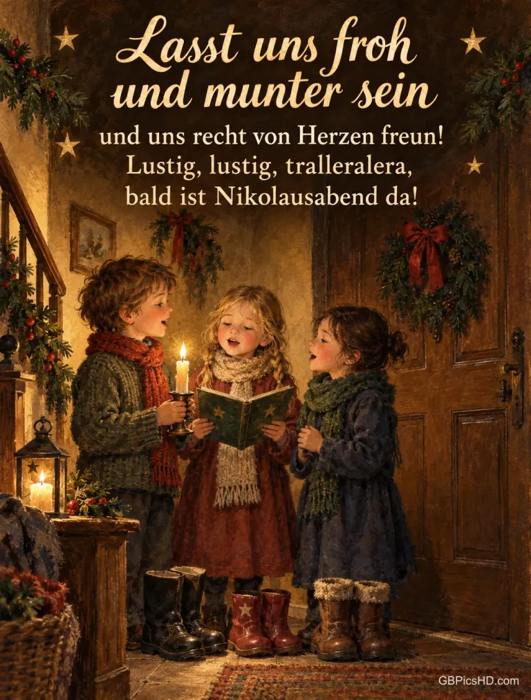 Drei Kinder singen fröhlich aus einem Liederbuch im Flur, vor der Tür stehen ihre geputzten Stiefel, dazu "Lasst uns froh und munter sein".