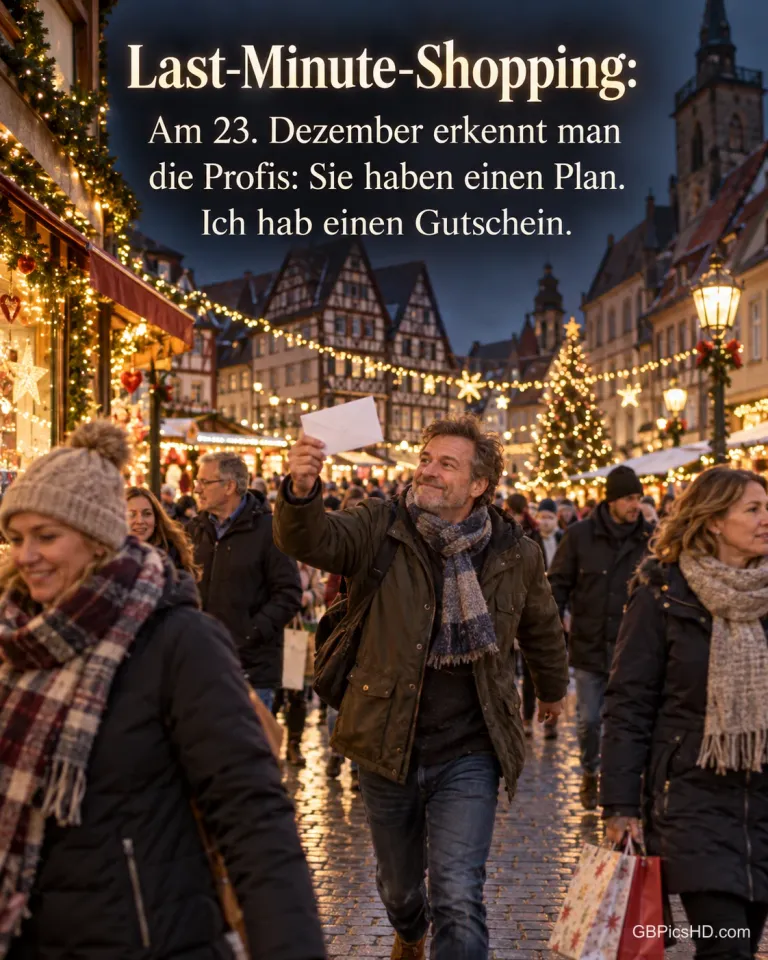 Ein Mann eilt durch eine volle Fußgängerzone mit Weihnachtslichtern und hält stolz einen Briefumschlag hoch, dazu „Last-Minute-Shopping“.