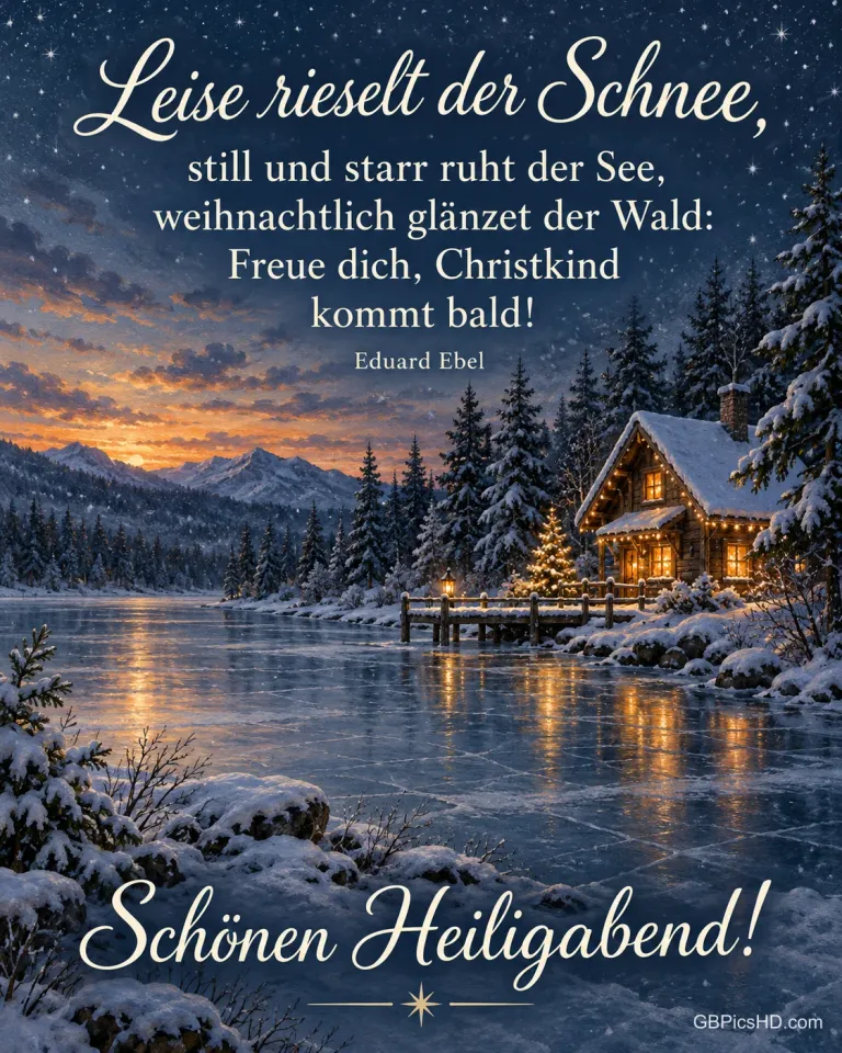 Ein zugefrorener See im Abendlicht mit verschneitem Wald und einer beleuchteten Holzhütte, dazu "Leise rieselt der Schnee".