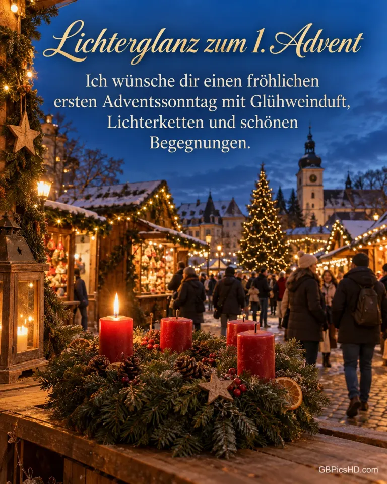 Ein Adventskranz mit einer brennenden Kerze steht auf dem Tresen einer Bude auf dem abendlichen Weihnachtsmarkt, dazu "Lichterglanz zum 1. Advent".