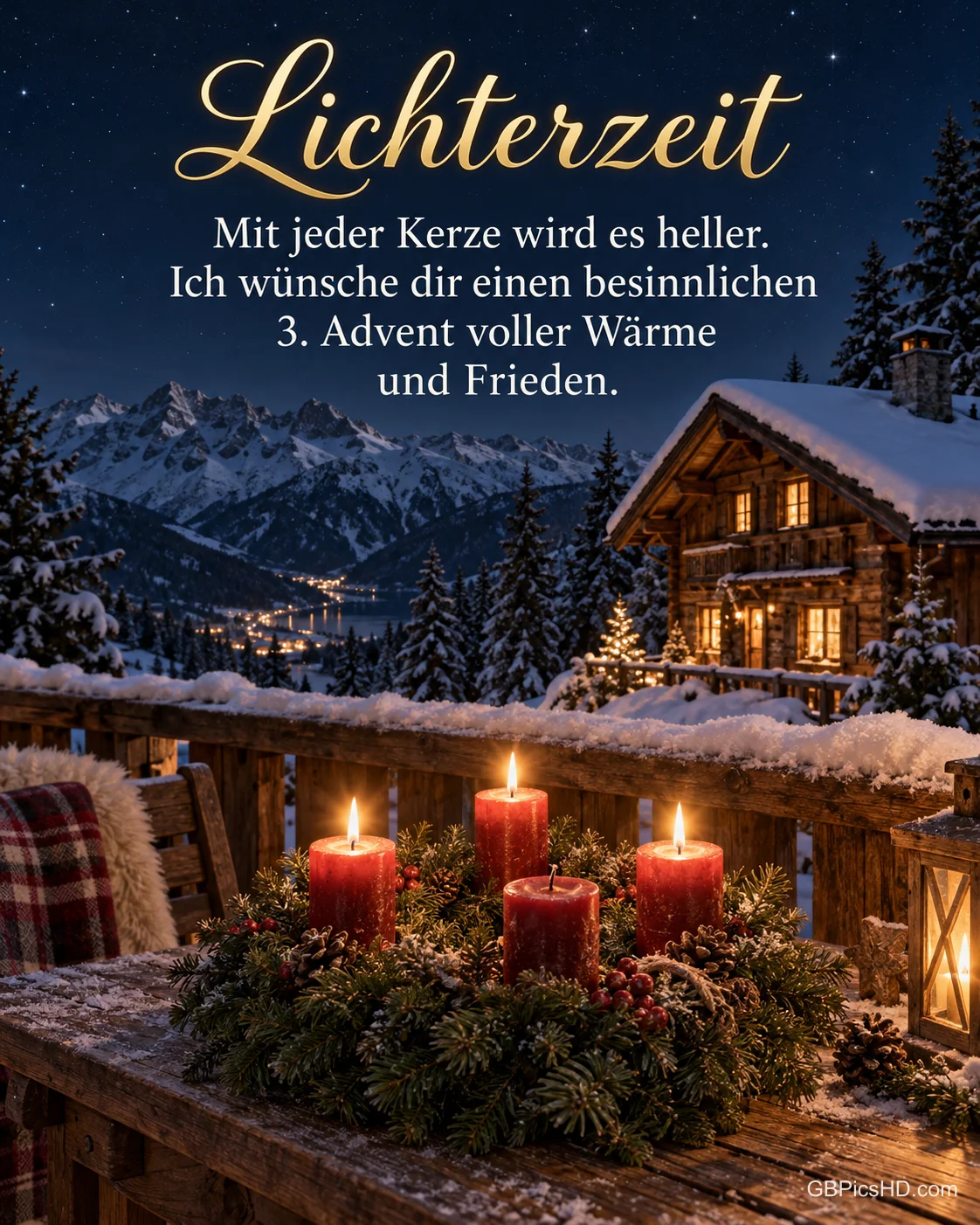 Ein Adventskranz mit drei brennenden Kerzen auf einem Balkontisch vor einer verschneiten Berghütte bei Nacht, dazu "Lichterzeit".