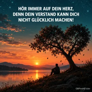 Ein Mann sitzt unter einem Baum am See im Sonnenuntergang, darüber "Hör immer auf dein Herz, denn dein Verstand kann dich nicht glücklich machen!"