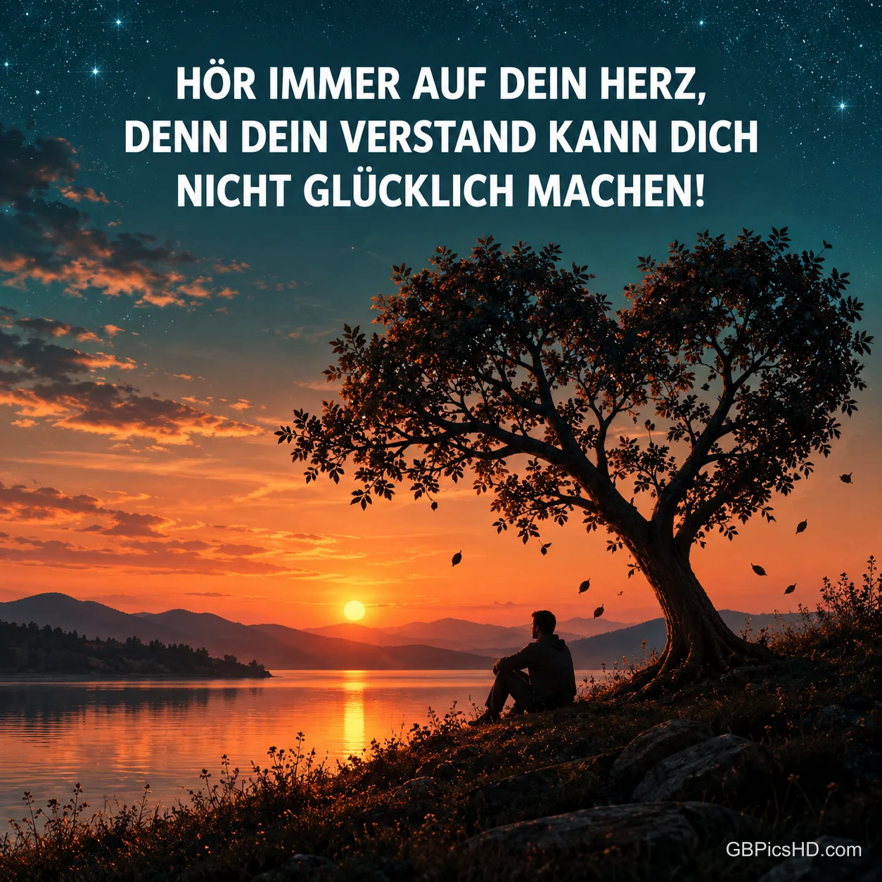 Ein Mann sitzt unter einem Baum am See im Sonnenuntergang, darüber "Hör immer auf dein Herz, denn dein Verstand kann dich nicht glücklich machen!"