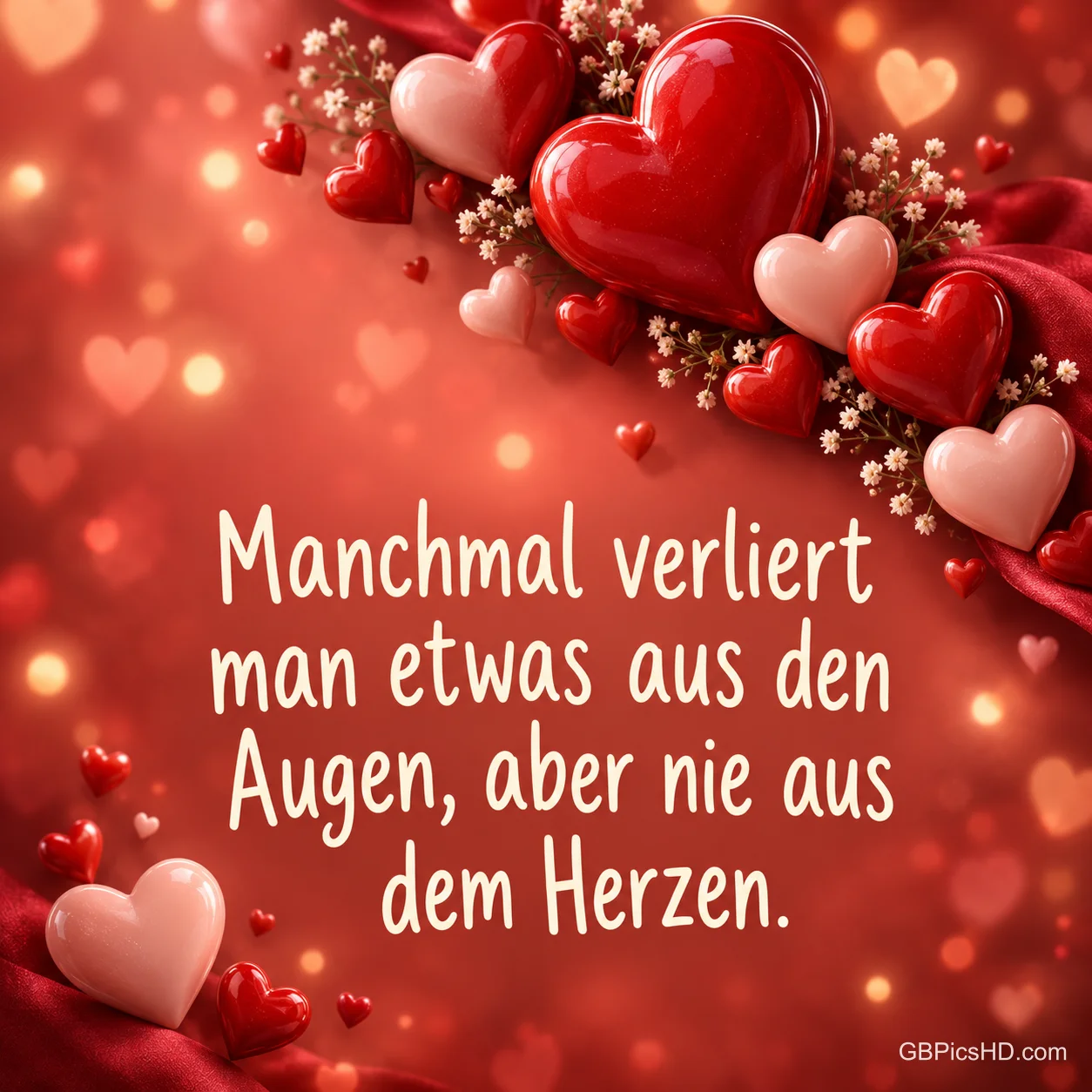 Glänzende rote und rosa Herzen mit kleinen Blüten auf leuchtend rotem Hintergrund, dazu der Spruch "Manchmal verliert man etwas aus den Augen, aber nie aus dem Herzen."