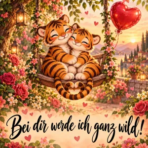 Zwei verliebte Tigerbabys kuscheln auf einer blumengeschmückten Schaukel neben einem roten Herzballon, darunter steht in Schreibschrift "Bei dir werde ich ganz wild!"