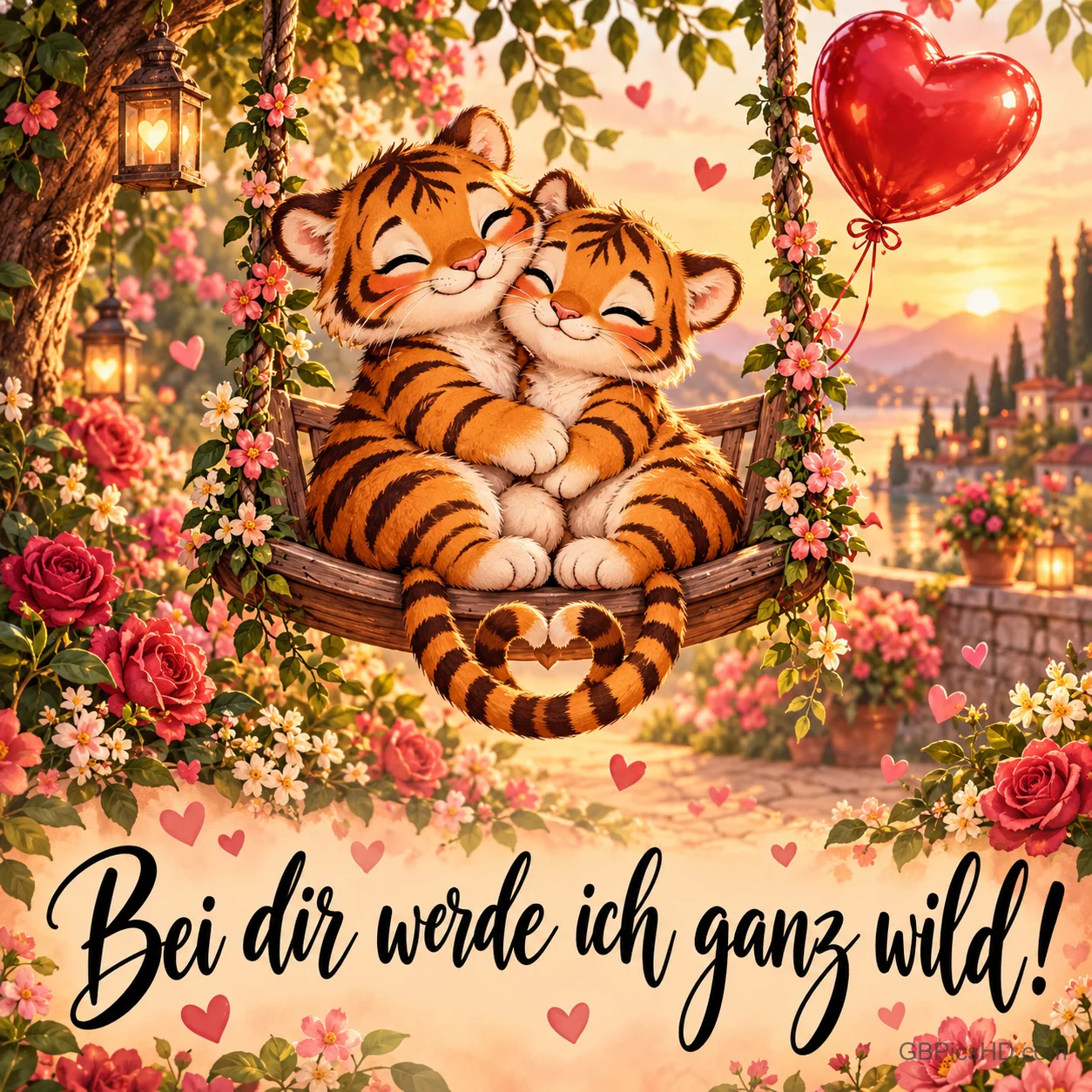 Zwei verliebte Tigerbabys kuscheln auf einer blumengeschmückten Schaukel neben einem roten Herzballon, darunter steht in Schreibschrift "Bei dir werde ich ganz wild!"