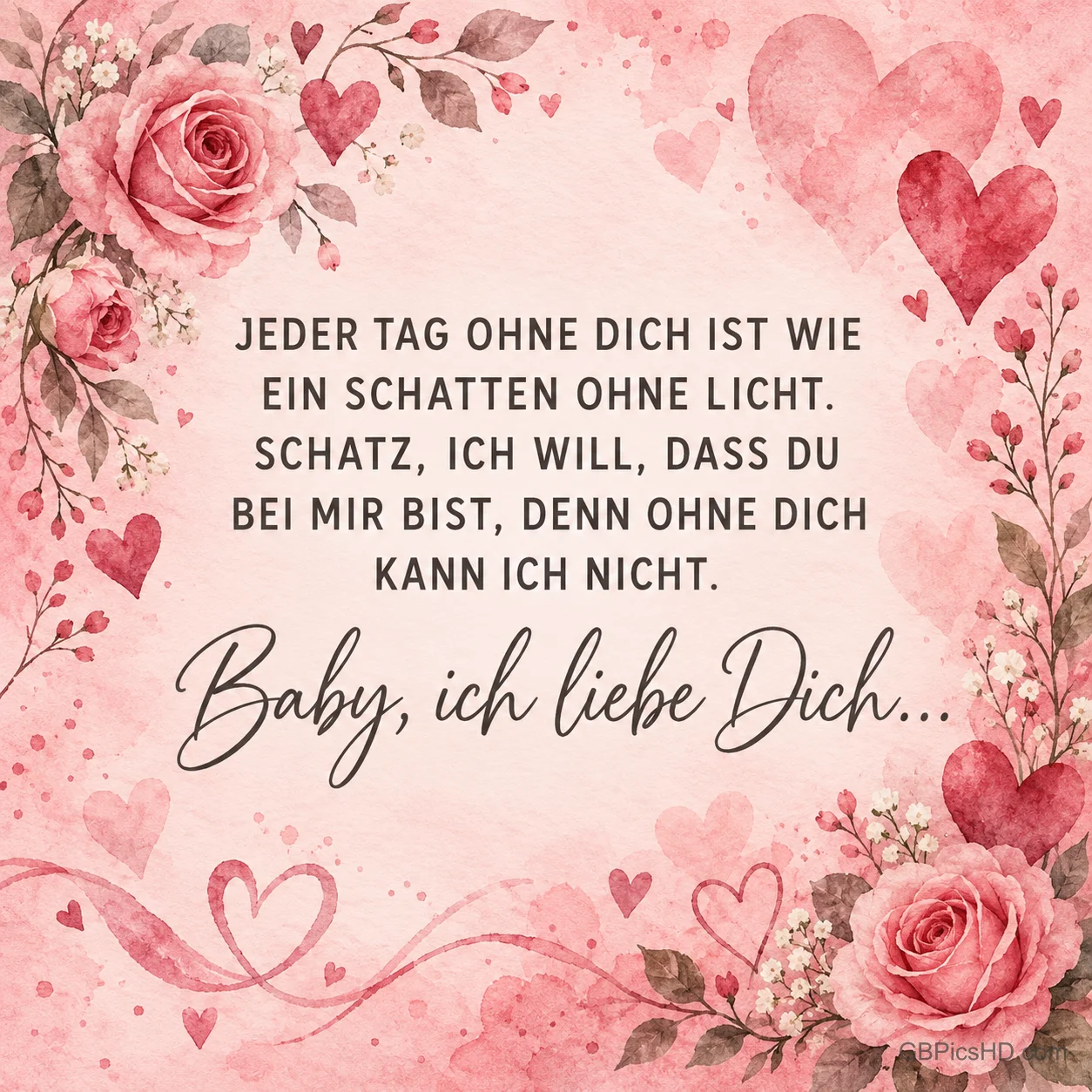 Zartrosa Aquarellkarte mit Rosen und Herzen als Rahmen, in der Mitte eine Liebeserklärung über einen Schatten ohne Licht und den Satz Baby, ich liebe Dich