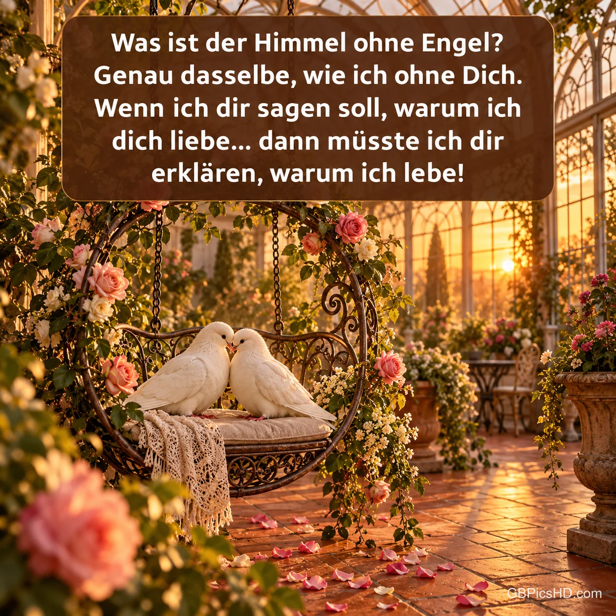 Zwei weiße Tauben sitzen auf einer blumengeschmückten Schaukel unter dem Liebesspruch "Was ist der Himmel ohne Engel?".