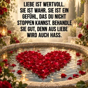 Rote Rosenblätter bilden ein Herz im Wasser eines steinernen Brunnens unter den Worten "LIEBE IST WERTVOLL.".