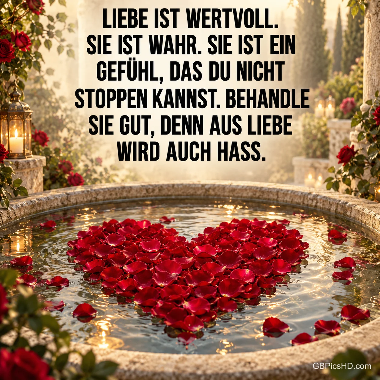 Rote Rosenblätter bilden ein Herz im Wasser eines steinernen Brunnens unter den Worten "LIEBE IST WERTVOLL.".