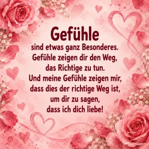 Rosafarbene Karte mit gemalten Rosen und Herzen am Rand, in der Mitte ein Liebestext über besondere Gefühle, die den richtigen Weg zu einer Liebeserklärung zeigen