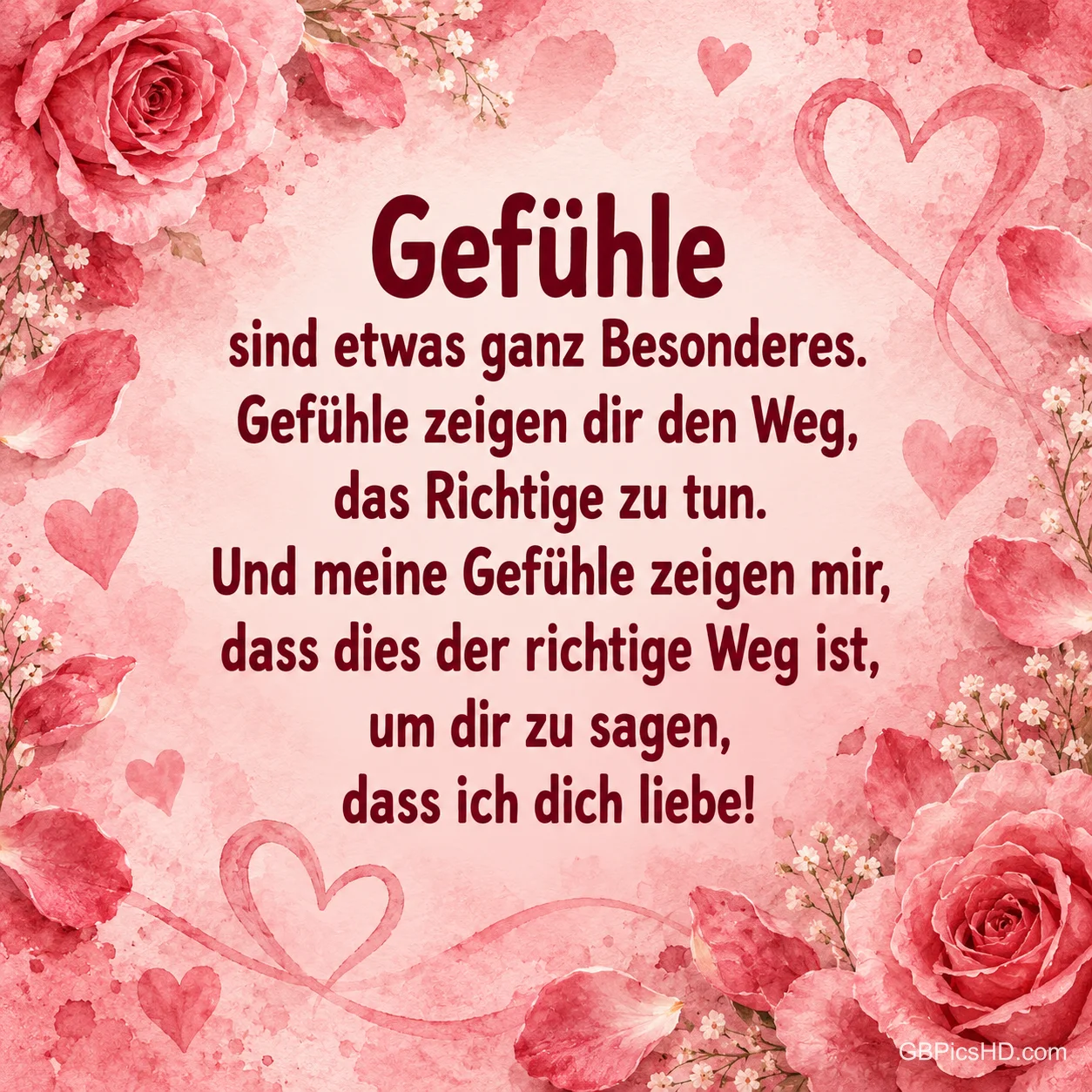 Rosafarbene Karte mit gemalten Rosen und Herzen am Rand, in der Mitte ein Liebestext über besondere Gefühle, die den richtigen Weg zu einer Liebeserklärung zeigen