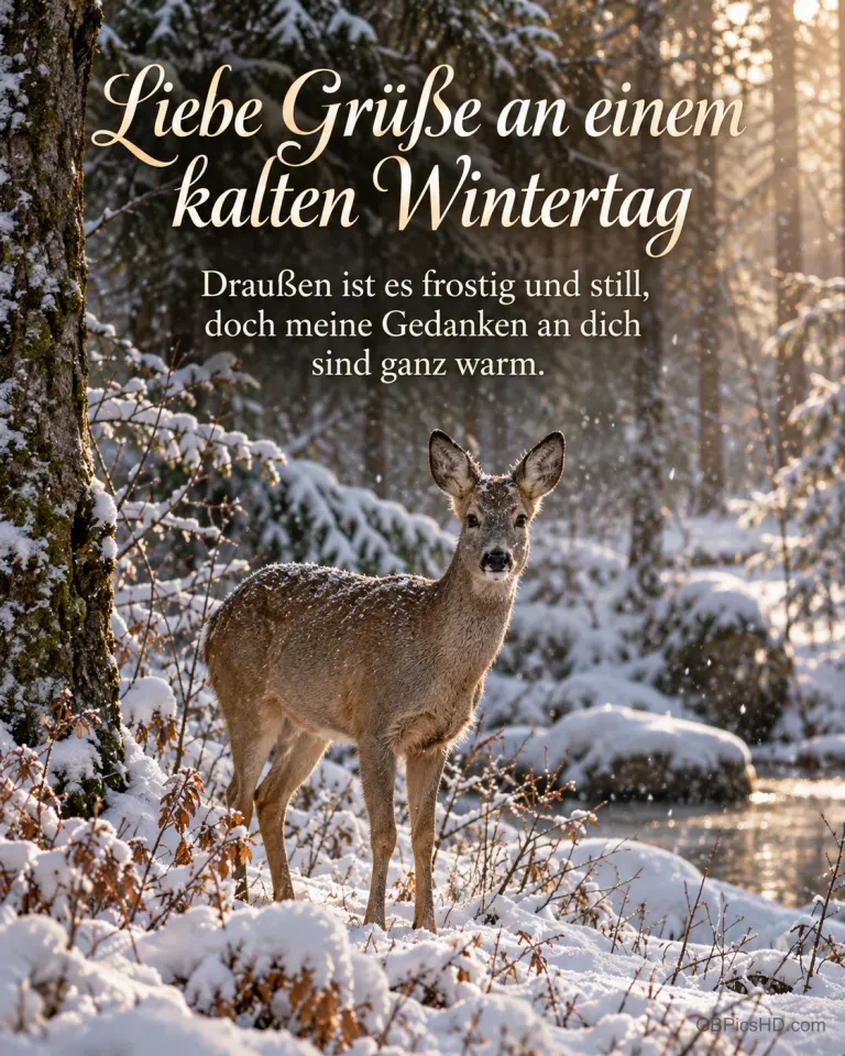 Ein Reh steht auf einer stillen, verschneiten Waldlichtung im sanften Morgenlicht, dazu "Liebe Grüße an einem kalten Wintertag".