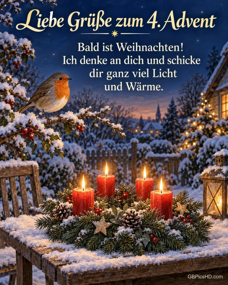 Ein Rotkehlchen auf einem verschneiten Zweig über einem Gartentisch, darauf brennen vier Kerzen am Adventskranz, dazu „Liebe Grüße zum 4. Advent“.