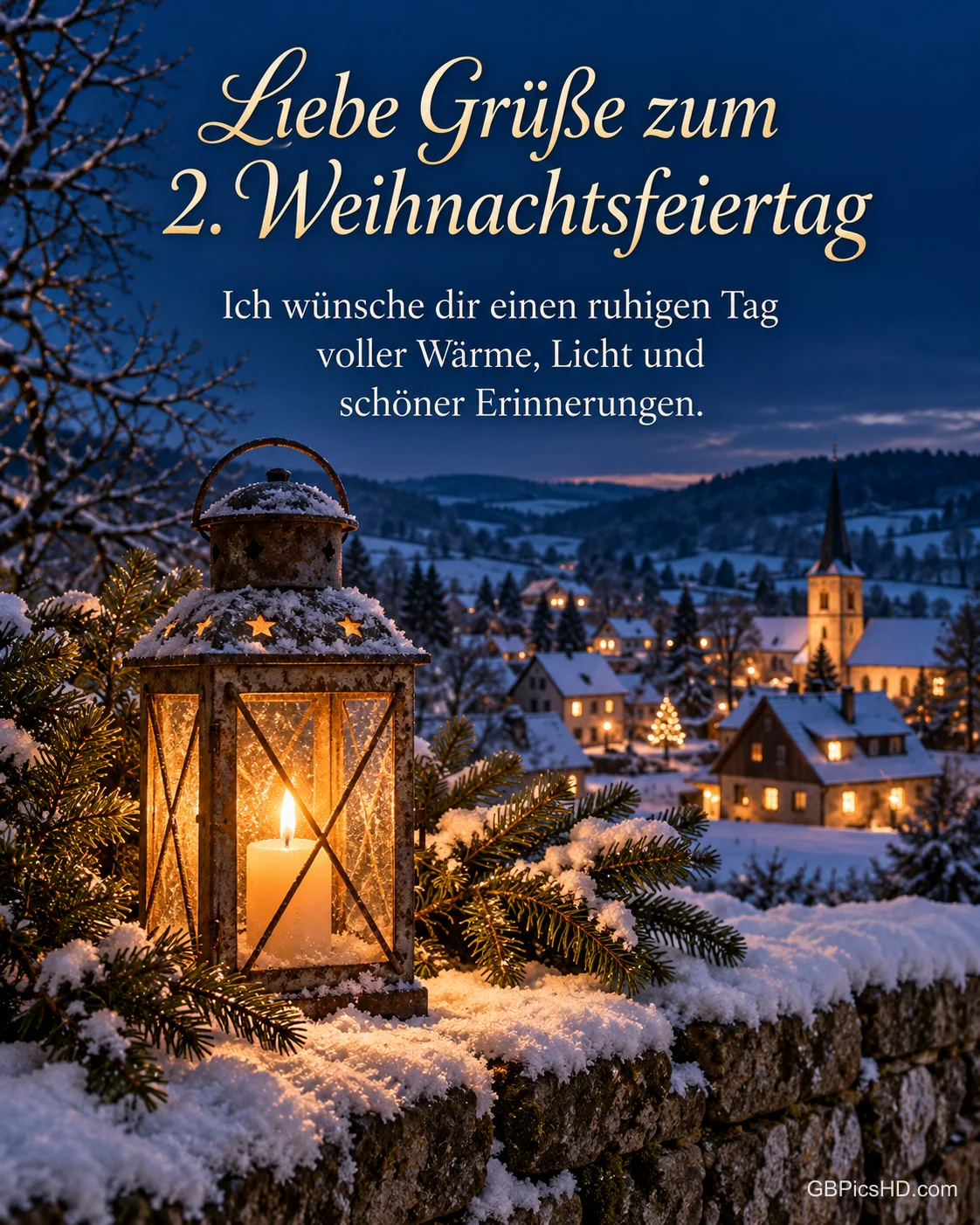 Eine Laterne mit Kerze steht auf einer verschneiten Mauer zur blauen Stunde vor einem beleuchteten Dorf, dazu "Liebe Grüße zum 2. Weihnachtsfeiertag". Eine Laterne mit Kerze steht auf einer verschneiten Mauer zur blauen Stunde vor einem beleuchteten Dorf, dazu "Liebe Grüße zum 2. Weihnachtsfeiertag".