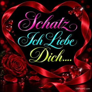 Ein rotes Band bildet ein Herz um "Schatz, ich liebe dich....", begleitet von roten Rosen und funkelnden Herzen.