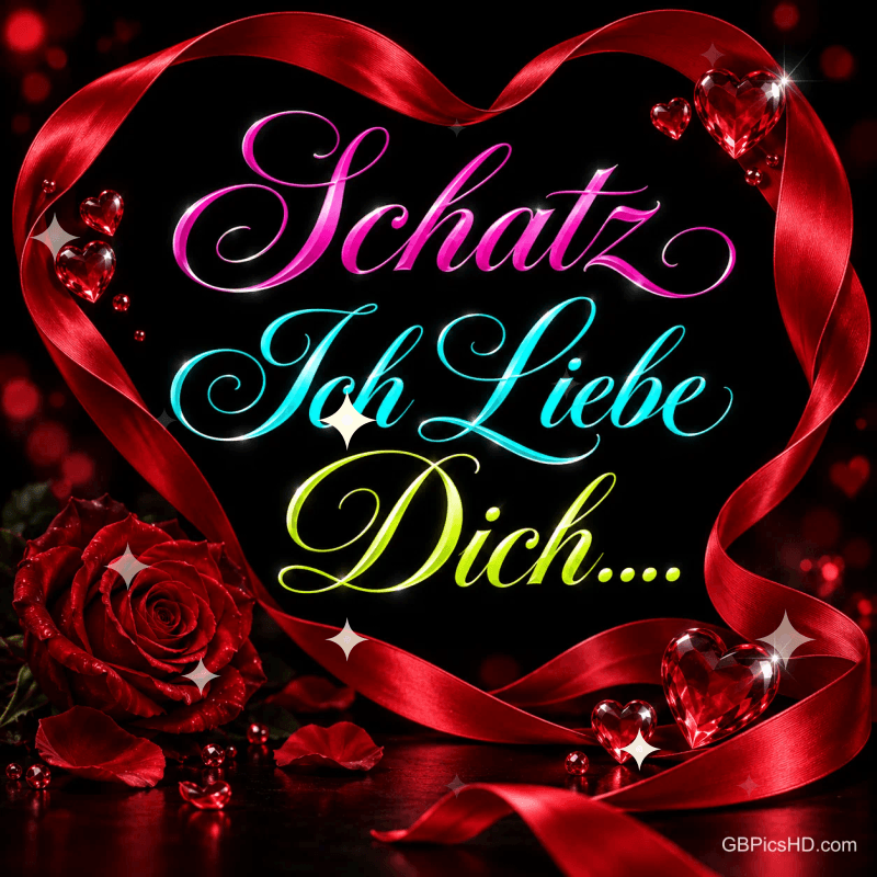 Ein rotes Band bildet ein Herz um "Schatz, ich liebe dich....", begleitet von roten Rosen und funkelnden Herzen. Ein rotes Band bildet ein Herz um "Schatz, ich liebe dich....", begleitet von roten Rosen und funkelnden Herzen.
