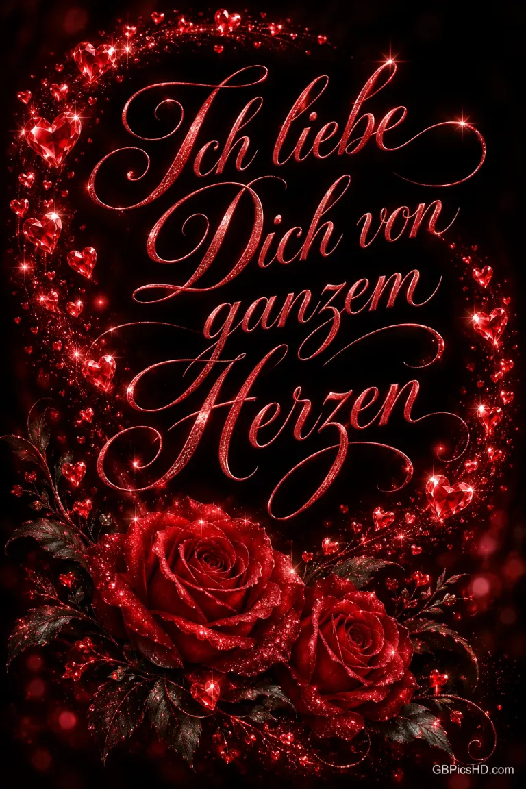 Rote Rosen und ein funkelnder Kranz aus roten Herzen umrahmen "Ich liebe dich von ganzem Herzen" auf schwarzem Grund.