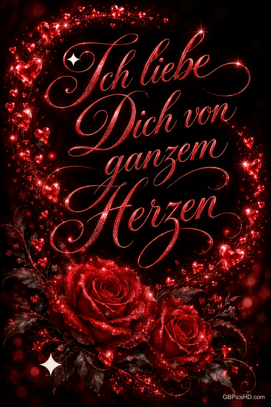 Rote Rosen und ein funkelnder Kranz aus roten Herzen umrahmen "Ich liebe dich von ganzem Herzen" auf schwarzem Grund. Rote Rosen und ein funkelnder Kranz aus roten Herzen umrahmen "Ich liebe dich von ganzem Herzen" auf schwarzem Grund.