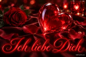 Ein rotes Glasherz liegt neben einer roten Rose auf rotem Satin über dem Schriftzug "Ich liebe Dich".