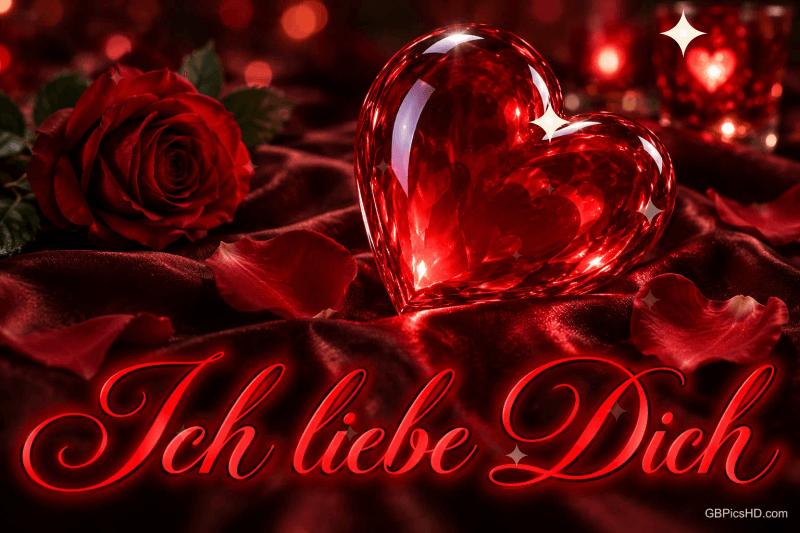Ein rotes Glasherz liegt neben einer roten Rose auf rotem Satin über dem Schriftzug "Ich liebe Dich". Ein rotes Glasherz liegt neben einer roten Rose auf rotem Satin über dem Schriftzug "Ich liebe Dich".