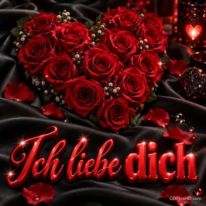 Rote Rosen bilden ein Herz auf schwarzem Satin über dem glänzenden roten Schriftzug "Ich liebe dich".