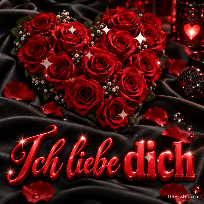 Rote Rosen bilden ein Herz auf schwarzem Satin über dem glänzenden roten Schriftzug "Ich liebe dich". Rote Rosen bilden ein Herz auf schwarzem Satin über dem glänzenden roten Schriftzug "Ich liebe dich".
