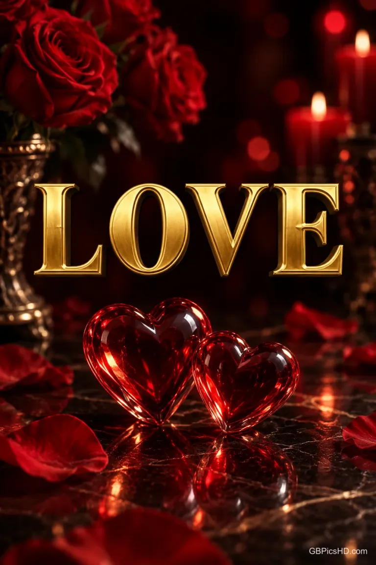 Unter dem goldenen Schriftzug "LOVE" stehen zwei rote Glasherzen zwischen Rosenblättern im Kerzenlicht.