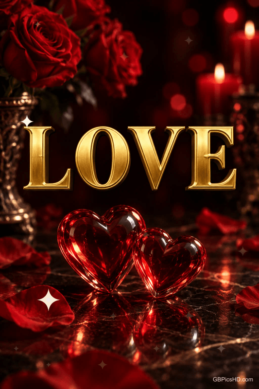 Unter dem goldenen Schriftzug "LOVE" stehen zwei rote Glasherzen zwischen Rosenblättern im Kerzenlicht. Unter dem goldenen Schriftzug "LOVE" stehen zwei rote Glasherzen zwischen Rosenblättern im Kerzenlicht.