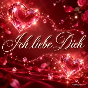 Zwei rosa Glasherzen, funkelnde Lichtspuren und Rosenblätter umgeben den weißen Schriftzug "Ich liebe Dich".