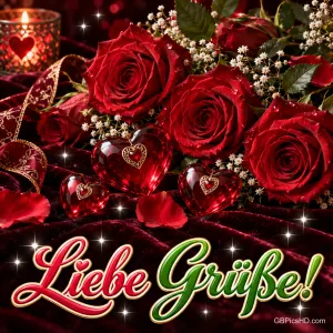 Rote Rosen, gläserne rote Herzen und eine brennende Kerze stehen über dem Schriftzug "Liebe Grüße!".