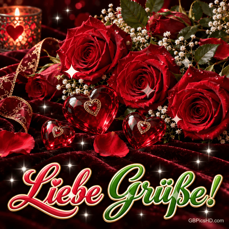 Rote Rosen, gläserne rote Herzen und eine brennende Kerze stehen über dem Schriftzug "Liebe Grüße!". Rote Rosen, gläserne rote Herzen und eine brennende Kerze stehen über dem Schriftzug "Liebe Grüße!".