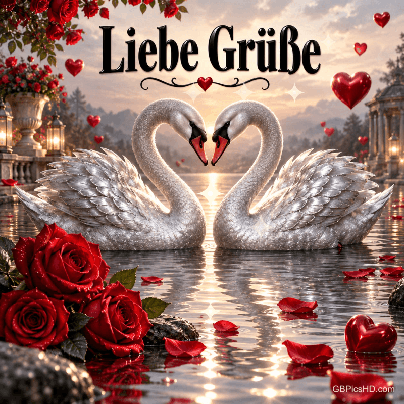 Zwei weiße Schwäne formen mit ihren Hälsen ein Herz im Wasser, umgeben von roten Rosen und Herzen, darüber "Liebe Grüße". Zwei weiße Schwäne formen mit ihren Hälsen ein Herz im Wasser, umgeben von roten Rosen und Herzen, darüber "Liebe Grüße".
