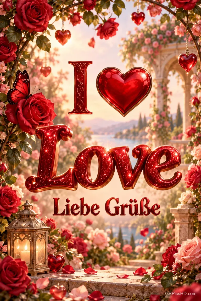 "I ❤️ Love Liebe Grüße" steht in einem Rosengarten mit hängenden roten Herzen, einem Schmetterling und einer Laterne.