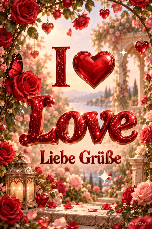 "I ❤️ Love Liebe Grüße" steht in einem Rosengarten mit hängenden roten Herzen, einem Schmetterling und einer Laterne. "I ❤️ Love Liebe Grüße" steht in einem Rosengarten mit hängenden roten Herzen, einem Schmetterling und einer Laterne.
