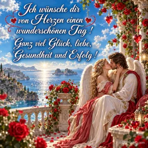 Ein geflügeltes Paar am Meer mit "Ich wünsche dir von Herzen einen wunderschönen Tag! Ganz viel Glück, Liebe, Gesundheit und Erfolg!".