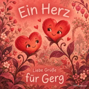 Zwei lächelnde herzförmige Blüten stehen zwischen Blumen mit dem Text "Ein Herz Liebe Grüße für Gerg".