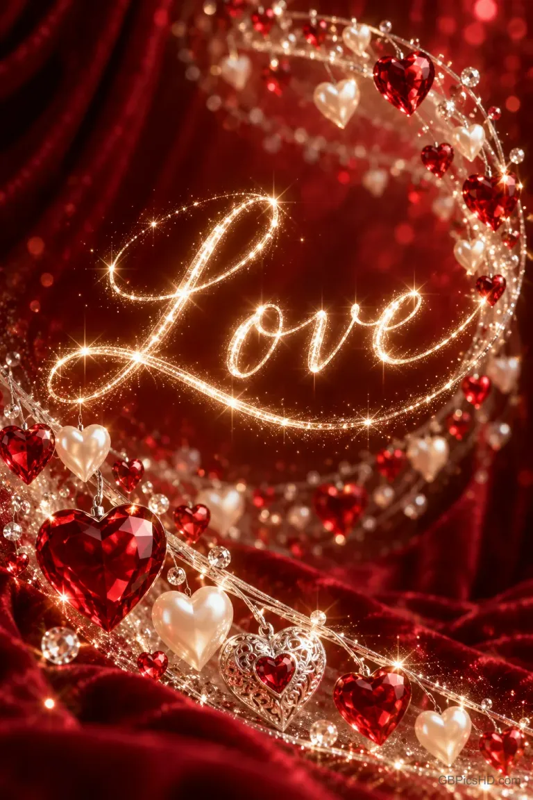 Funkelnder Schriftzug "Love" zwischen roten und weißen Schmuckherzen auf rotem Samt.