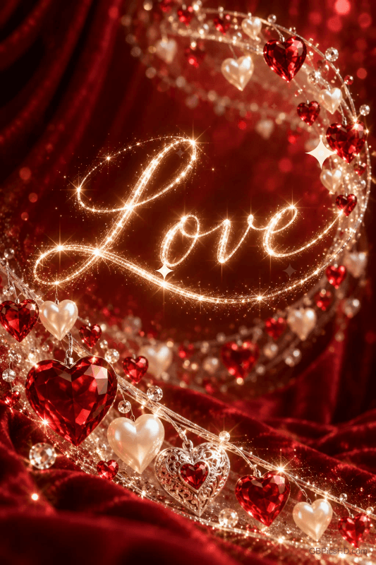 Funkelnder Schriftzug "Love" zwischen roten und weißen Schmuckherzen auf rotem Samt. Funkelnder Schriftzug "Love" zwischen roten und weißen Schmuckherzen auf rotem Samt.