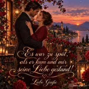 Ein Paar umarmt sich auf einer blumengeschmückten Terrasse am See mit "Es war zu spät, als er kam und mir seine Liebe gestand! Liebe Grüße".