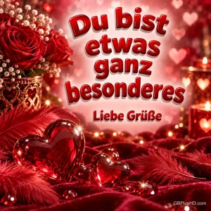 Rote Rosen, Federn, Glasherzen und Kerzen umrahmen "Du bist etwas ganz Besonderes Liebe Grüße".