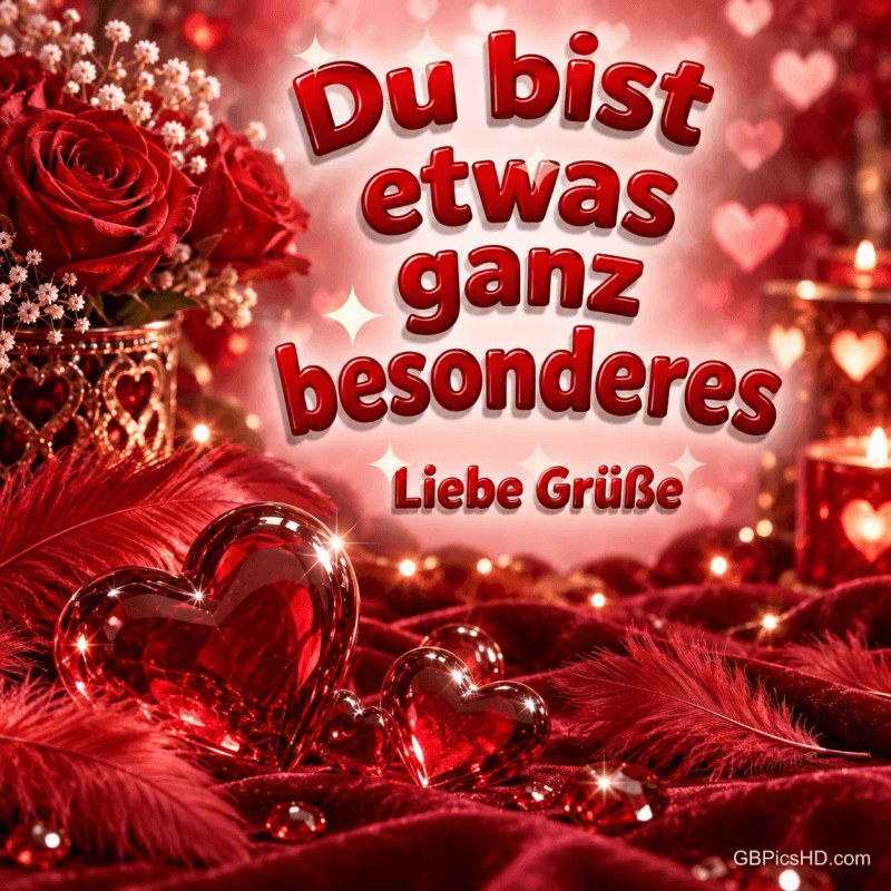 Rote Rosen, Federn, Glasherzen und Kerzen umrahmen "Du bist etwas ganz Besonderes Liebe Grüße". Rote Rosen, Federn, Glasherzen und Kerzen umrahmen "Du bist etwas ganz Besonderes Liebe Grüße".