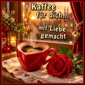 Eine rote Herztasse mit dampfendem Kaffee steht neben einer Rose am Fenster unter "Kaffee für dich... mit Liebe gemacht".