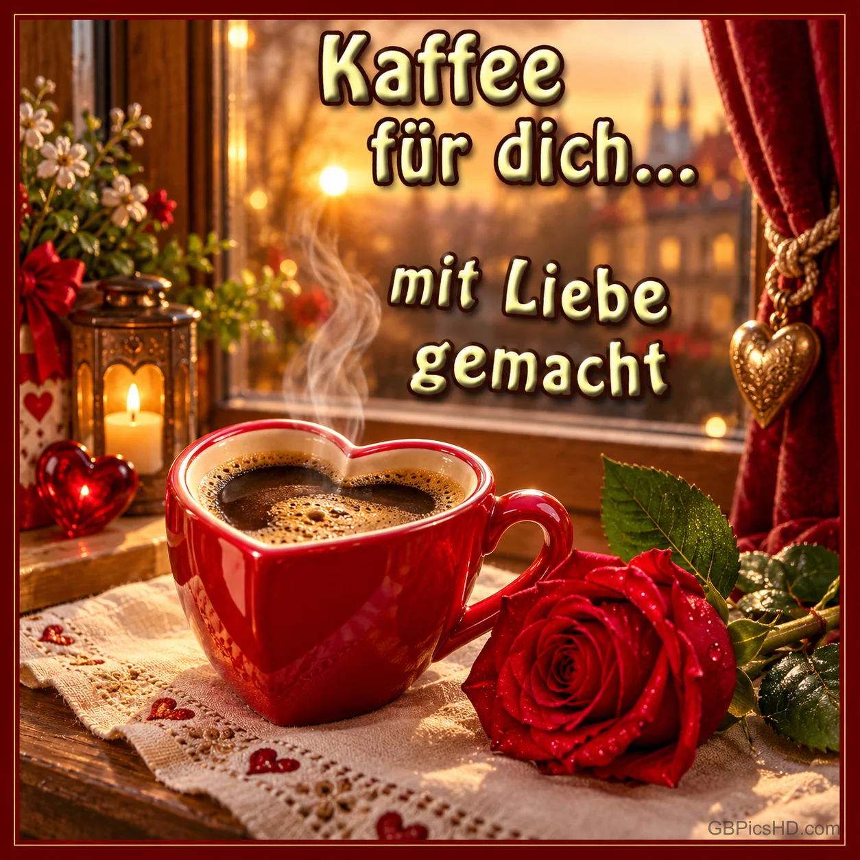 Eine rote Herztasse mit dampfendem Kaffee steht neben einer Rose am Fenster unter "Kaffee für dich... mit Liebe gemacht". Eine rote Herztasse mit dampfendem Kaffee steht neben einer Rose am Fenster unter "Kaffee für dich... mit Liebe gemacht".