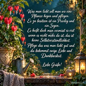 Tränende Herzen, eine Gießkanne und eine Kerzenlaterne umgeben einen Spruch über die Pflege der Liebe mit "Liebe Grüße!".