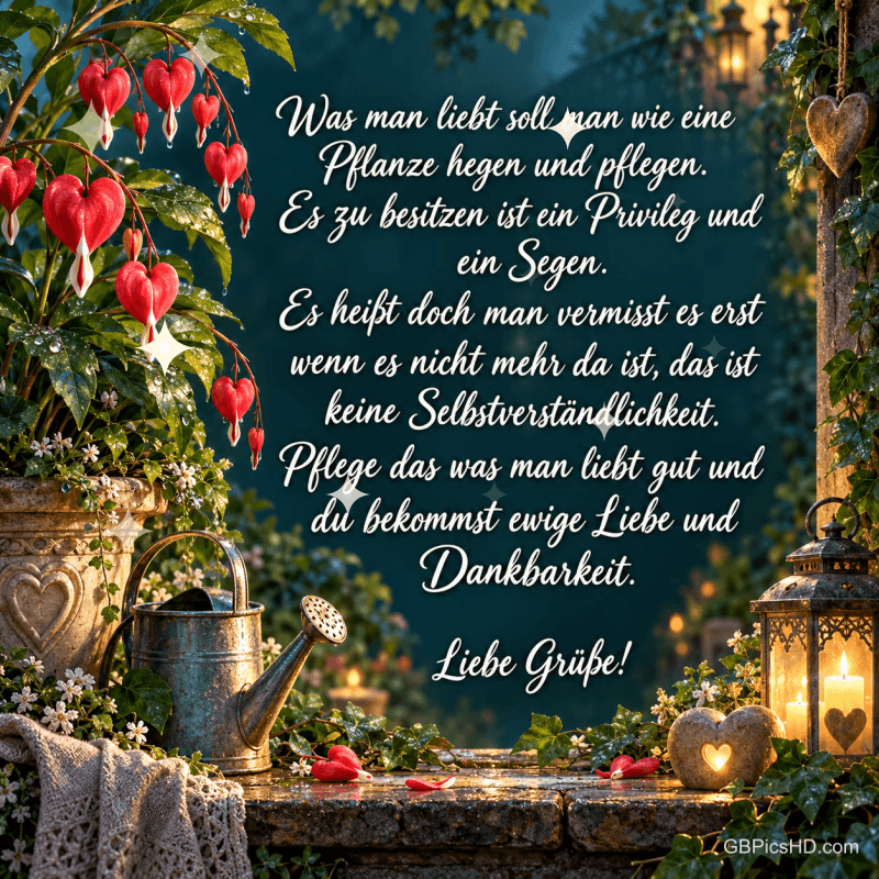 Tränende Herzen, eine Gießkanne und eine Kerzenlaterne umgeben einen Spruch über die Pflege der Liebe mit "Liebe Grüße!". Tränende Herzen, eine Gießkanne und eine Kerzenlaterne umgeben einen Spruch über die Pflege der Liebe mit "Liebe Grüße!".