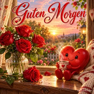 Ein lächelndes rotes Herz hält eine dampfende Tasse neben roten Rosen am sonnigen Fenster unter "Guten Morgen".