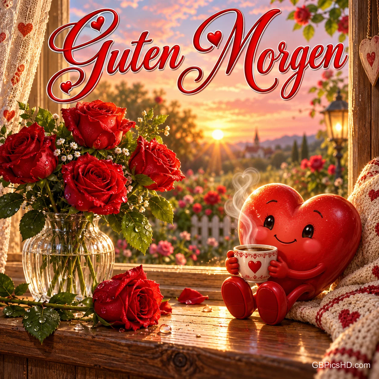 Ein lächelndes rotes Herz hält eine dampfende Tasse neben roten Rosen am sonnigen Fenster unter "Guten Morgen". Ein lächelndes rotes Herz hält eine dampfende Tasse neben roten Rosen am sonnigen Fenster unter "Guten Morgen".